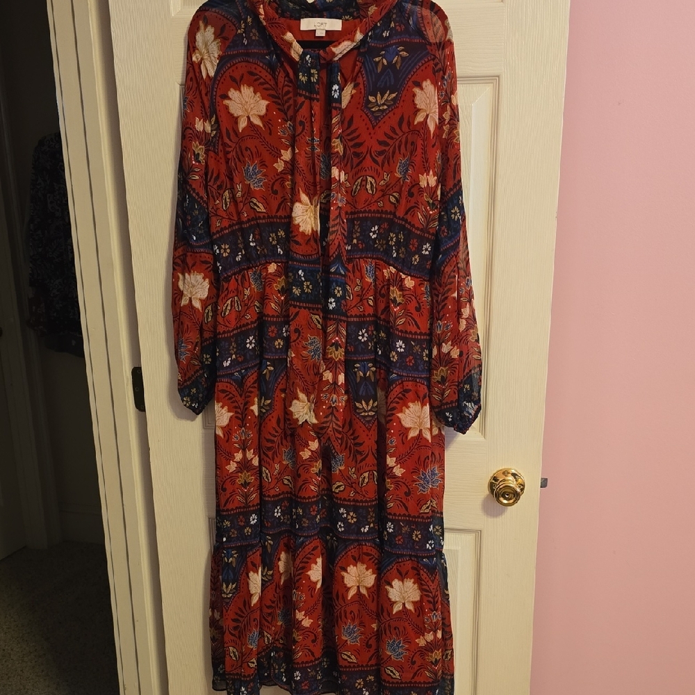 LOFT Red and Blue Floral Long Sleeve‎ Dress